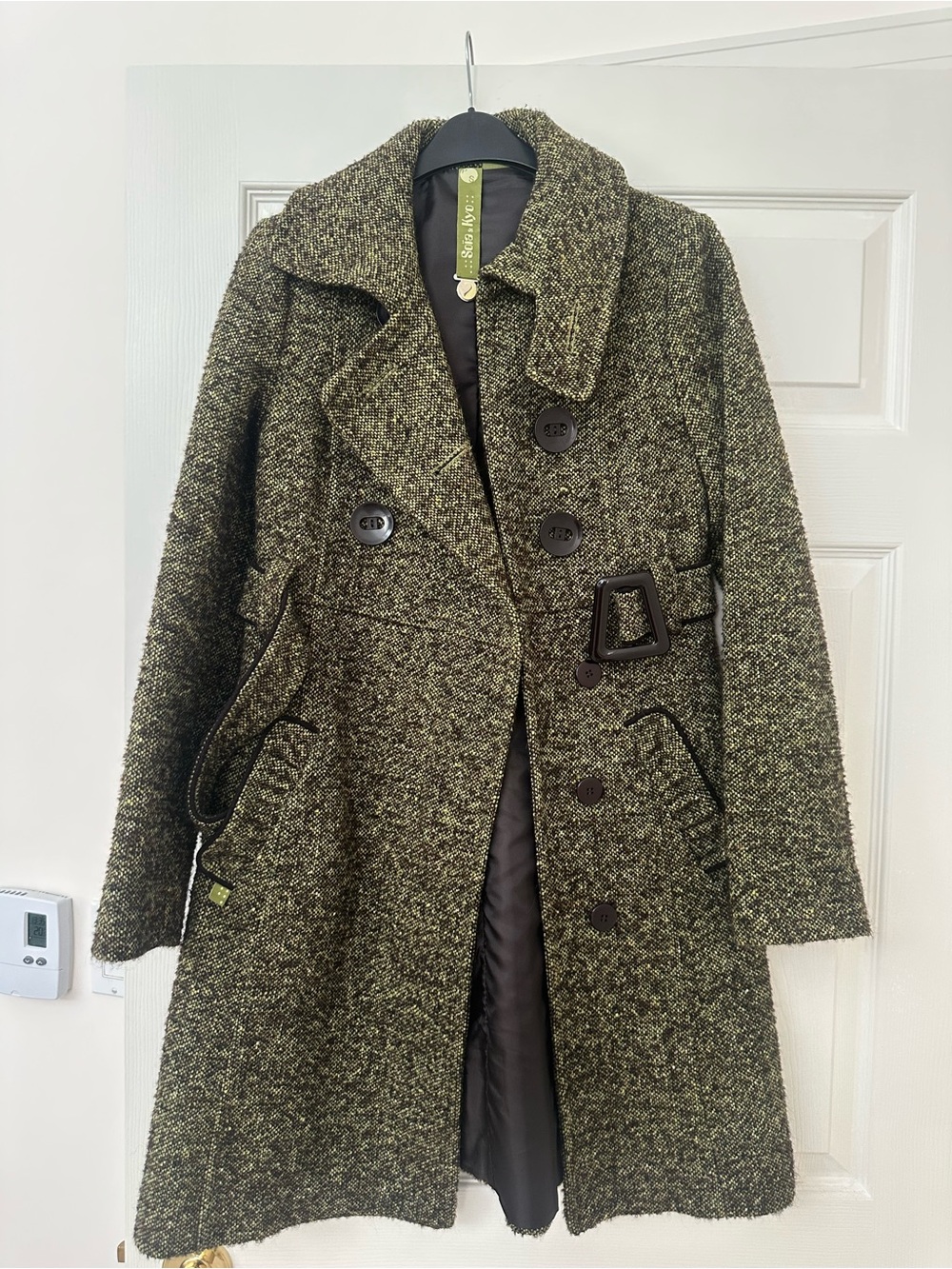 Soia Kyo Wool-Blend Olive Tweed Long Coat - Women Size Small